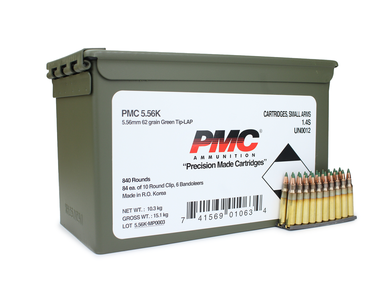 PMC PMC 5.56 NATO 62 Gr Green Tip W/Bandolier in M2A1 Can (840 Rounds)