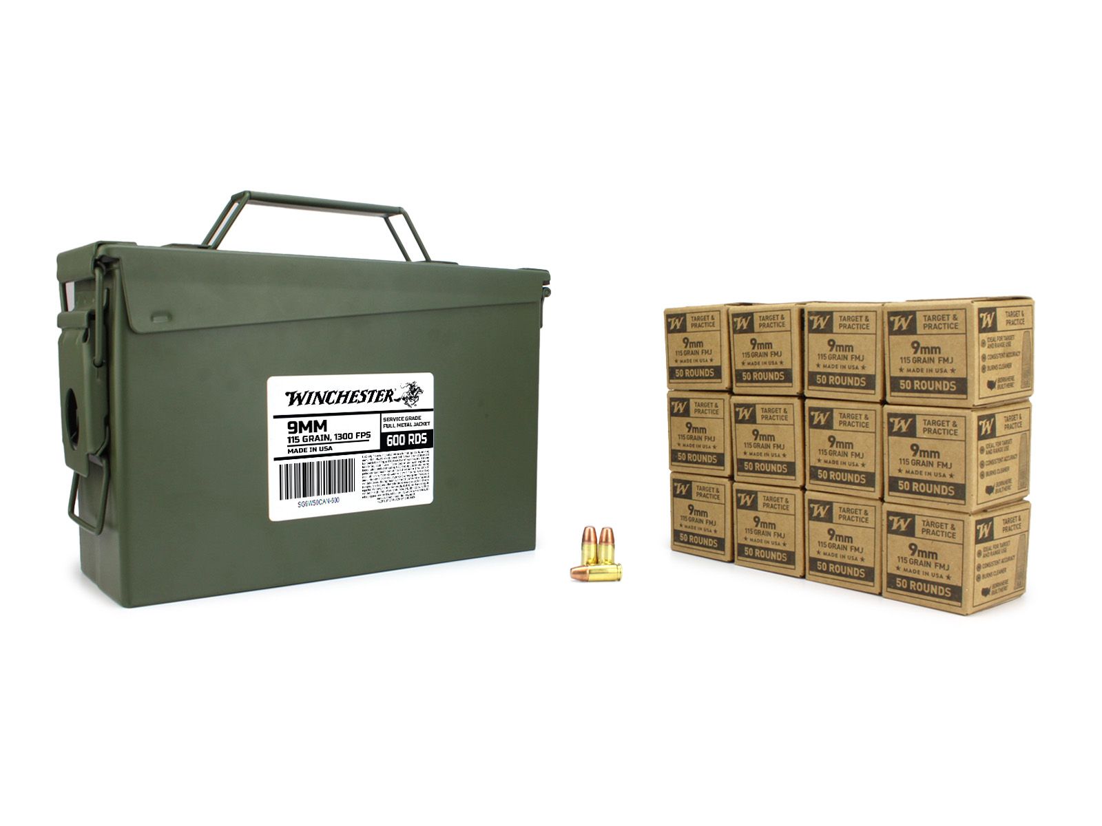 Winchester Service Grade 9mm 115 Gr FMJ 600 Rounds in Heavy Duty Ammo Can