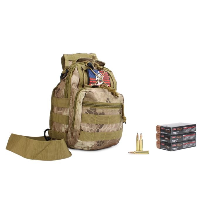 PMC Bronze 223 Remington 55 Gr Pointed SP w/ RTAC Tactical Sling Pack (Desert Python) (60 Rounds)