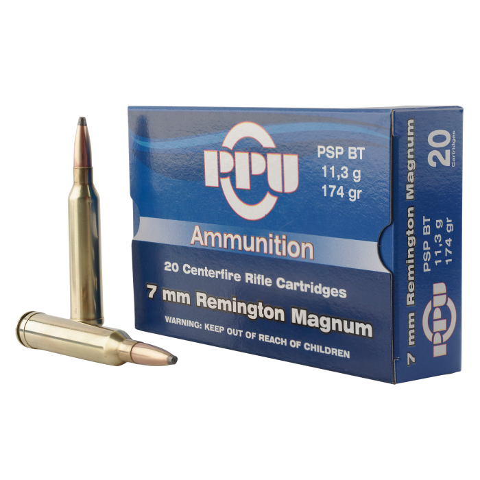 Ppu Standard Rifle 7mm Rem Mag 174 Grain Pointed Soft Point Boat-Tail