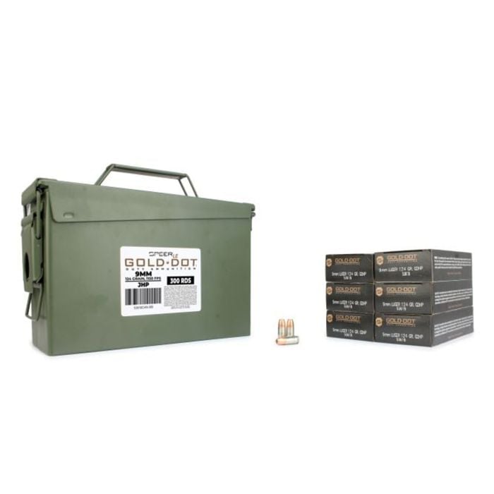 Speer Gold Dot 9mm 124 Gr JHP 300 Rounds in Heavy Duty Ammo Can