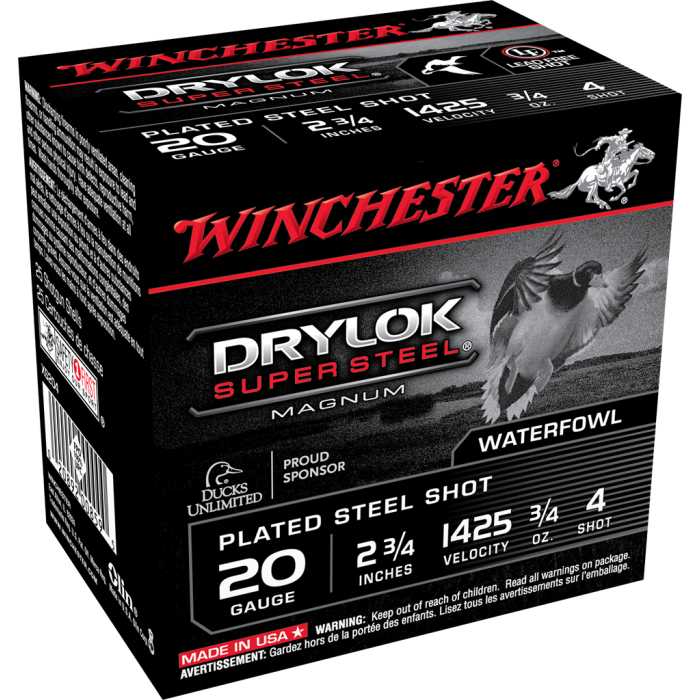 Winchester Drylok Super Steel 20 Gauge 2.75 3/4 oz 4 Shot XS204 Winchester Drylok Super Steel 20 Gauge 2.75 3/4 oz 4 Shot XS204
