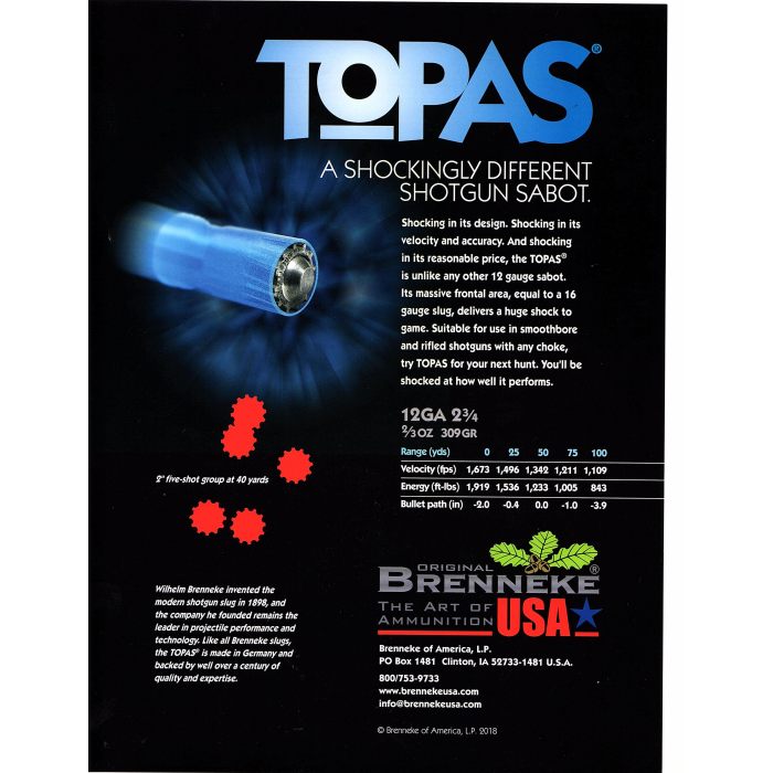 Brenneke Topas 12 Gauge 2.75 2/3 oz Sabot Slug SL122TOP
