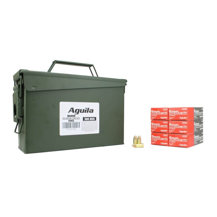 Aguila 9mm 115 Gr FMJ 300 Rounds in Heavy Duty Ammo Can (Bulk)