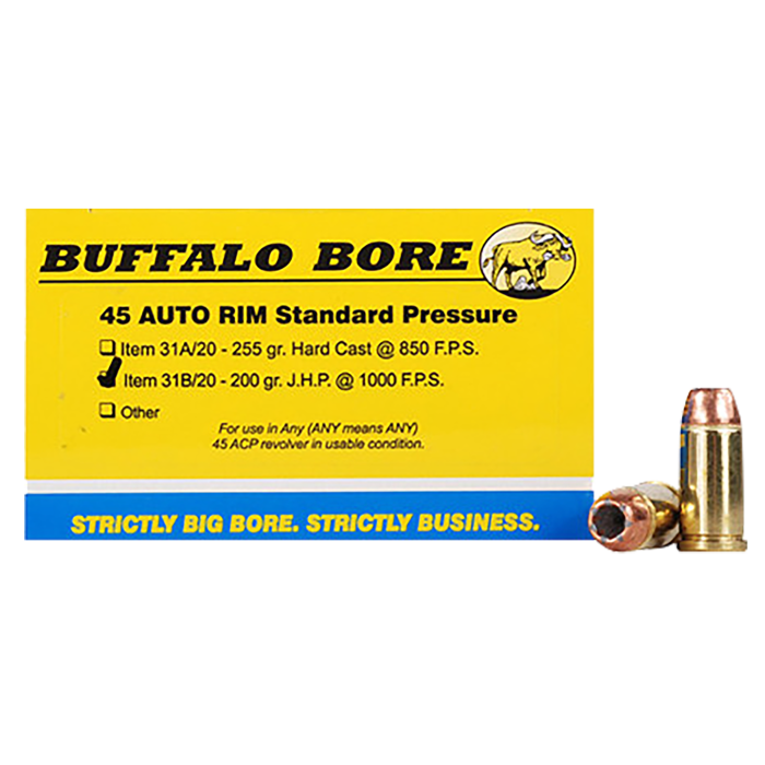 Buffalo Bore Ammunition Standard Pressure 45 Auto Rim 200 Gr Jacket Hollow Point