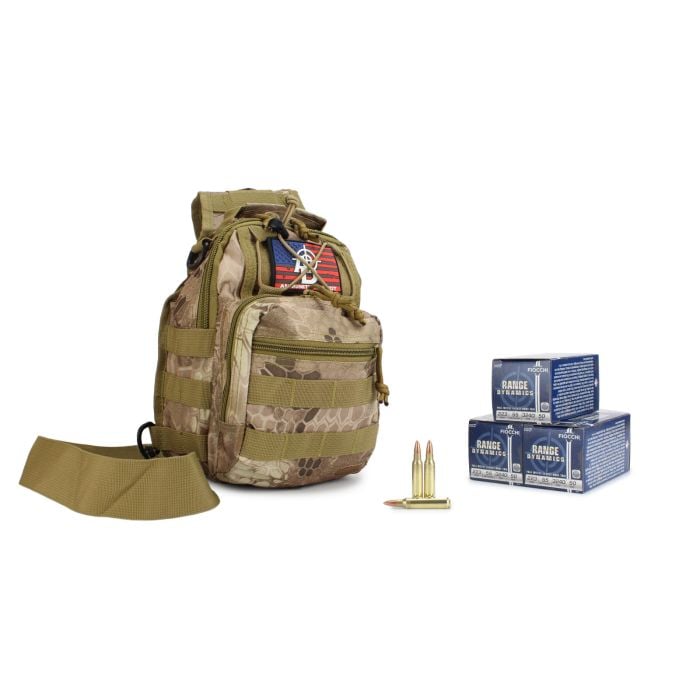 Fiocchi Range Dynamics 223 Remington 55 Gr FMJ w/ RTAC Tactical Sling Pack (Desert Python) (150 Rounds)