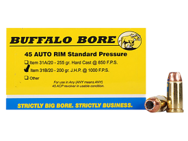 Buffalo Bore Ammo  Standard Pressure 45 Auto Rim 200 Gr Jacket Hollow Point (Box)